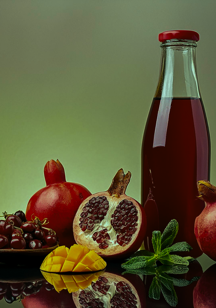 Firefly Create an image featuring a single glass bottle of pomegranate juice positioned on the right (6) 2